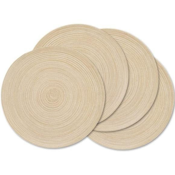 Round Placemat, Set of 4 Braided Washable Table Mats 15 Inches-Beige - Picture 1 of 6